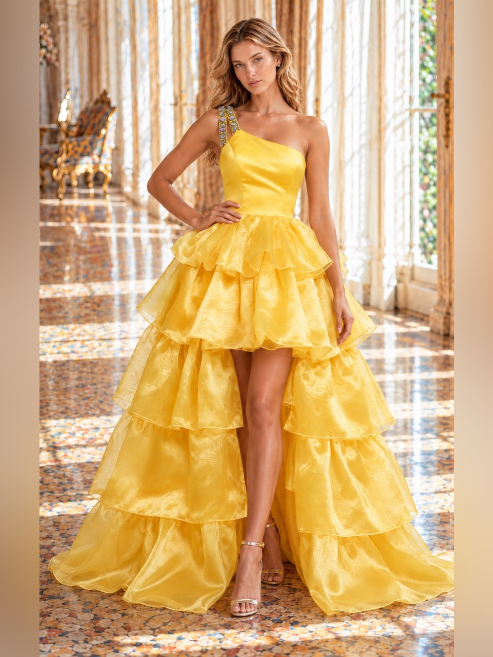 Ashley Lauren Yellow High Low Tiered Ruffle Crystal Strap Prom Dress Size 10 NWT